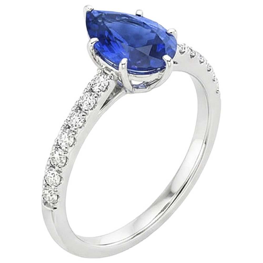 Women White Gold Jewelry Pear Blue Sapphire & Natural Earth Mined Diamond Ring 5 Carats