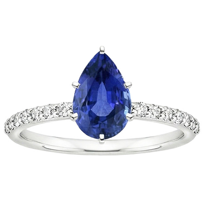 Women White Gold Jewelry Pear Blue Sapphire & Natural Earth Mined Diamond Ring 5 Carats