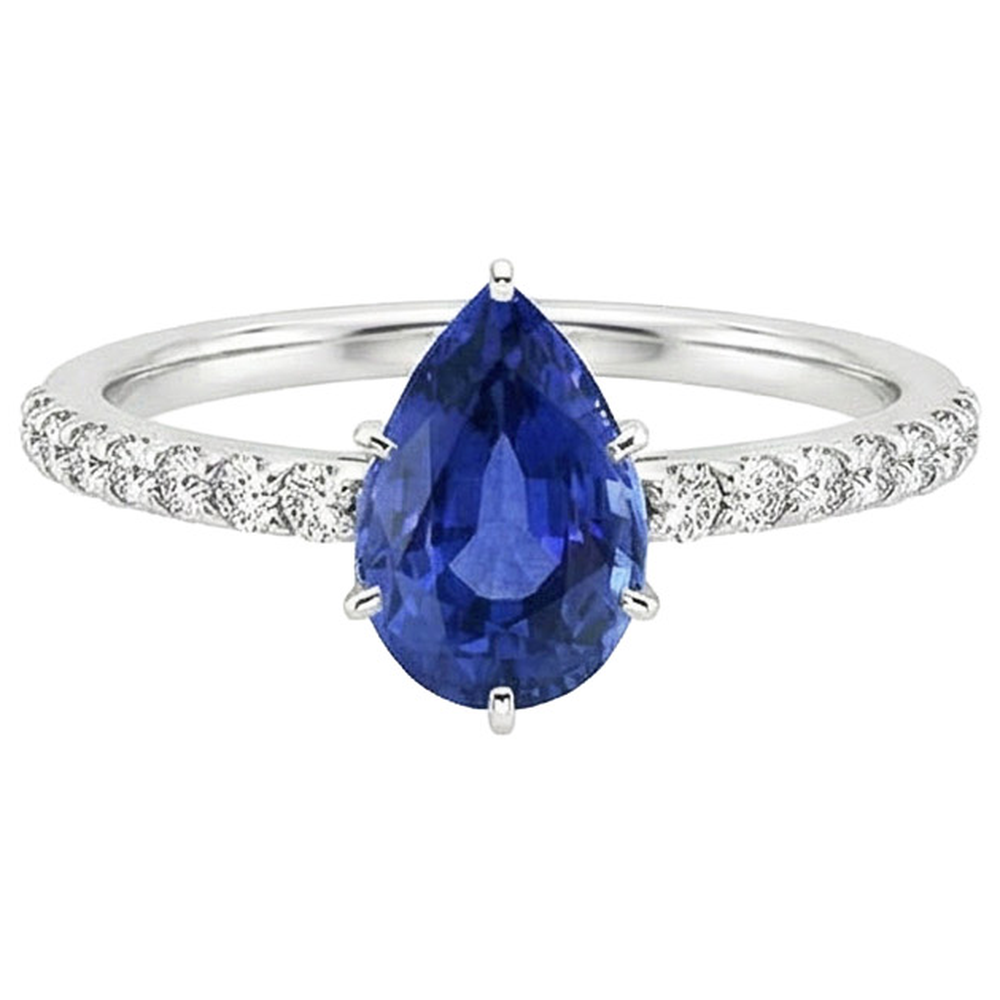 Women White Gold Jewelry Pear Blue Sapphire & Natural Earth Mined Diamond Ring 5 Carats