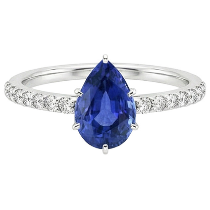 Women White Gold Jewelry Pear Blue Sapphire & Natural Earth Mined Diamond Ring 5 Carats