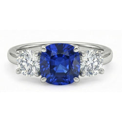 Women 3 Stone Ring Cushion Blue Sapphire & Round Natural Earth Mined Diamonds 2.50 Carats