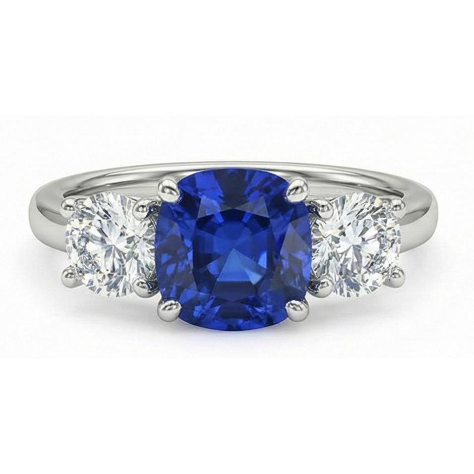 Women 3 Stone Ring Cushion Blue Sapphire & Round Natural Earth Mined Diamonds 2.50 Carats