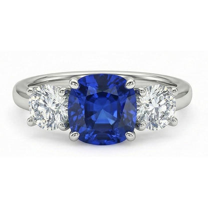 Women 3 Stone Ring Cushion Blue Sapphire & Round Natural Earth Mined Diamonds 2.50 Carats