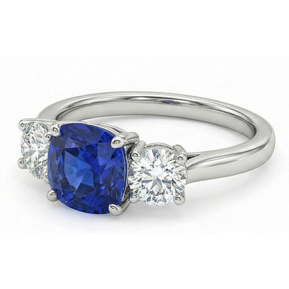 Women 3 Stone Ring Cushion Blue Sapphire & Round Natural Earth Mined Diamonds 2.50 Carats
