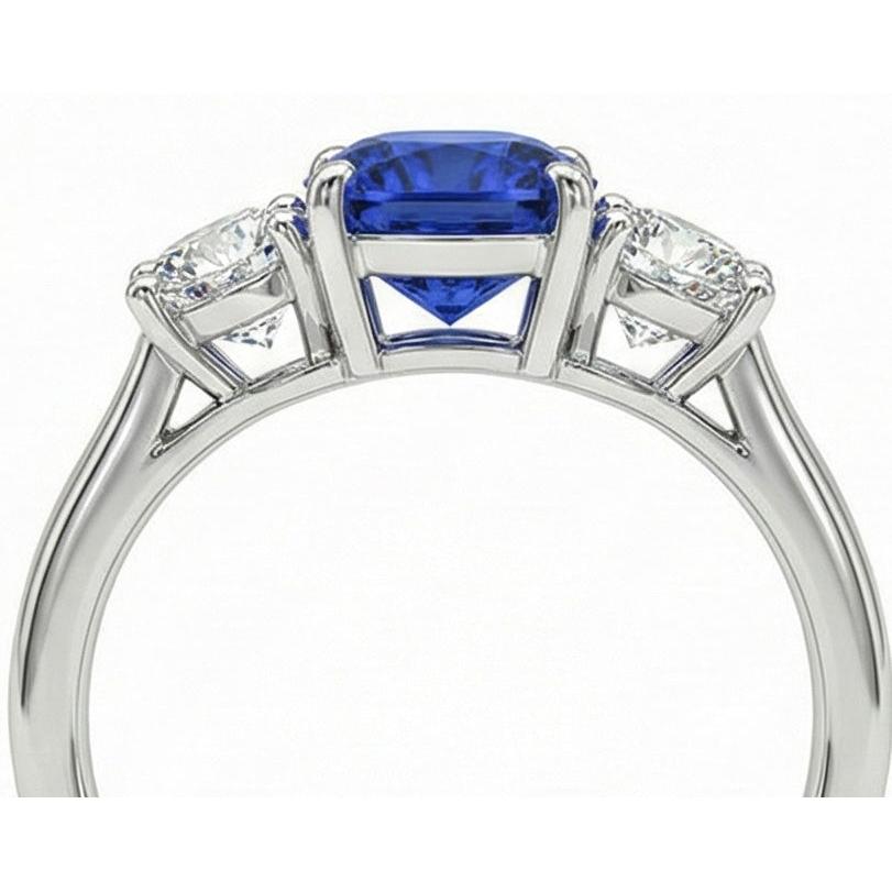 Women 3 Stone Ring Cushion Blue Sapphire & Round Natural Earth Mined Diamonds 2.50 Carats