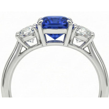Women 3 Stone Ring Cushion Blue Sapphire & Round Natural Earth Mined Diamonds 2.50 Carats