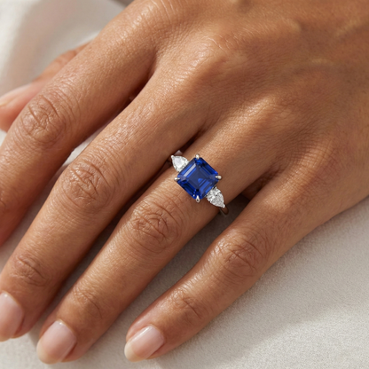 Women 3 Stone Ring Pear Natural Earth Mined Diamond & Cushion Ceylon Sapphire 2.75 Carats