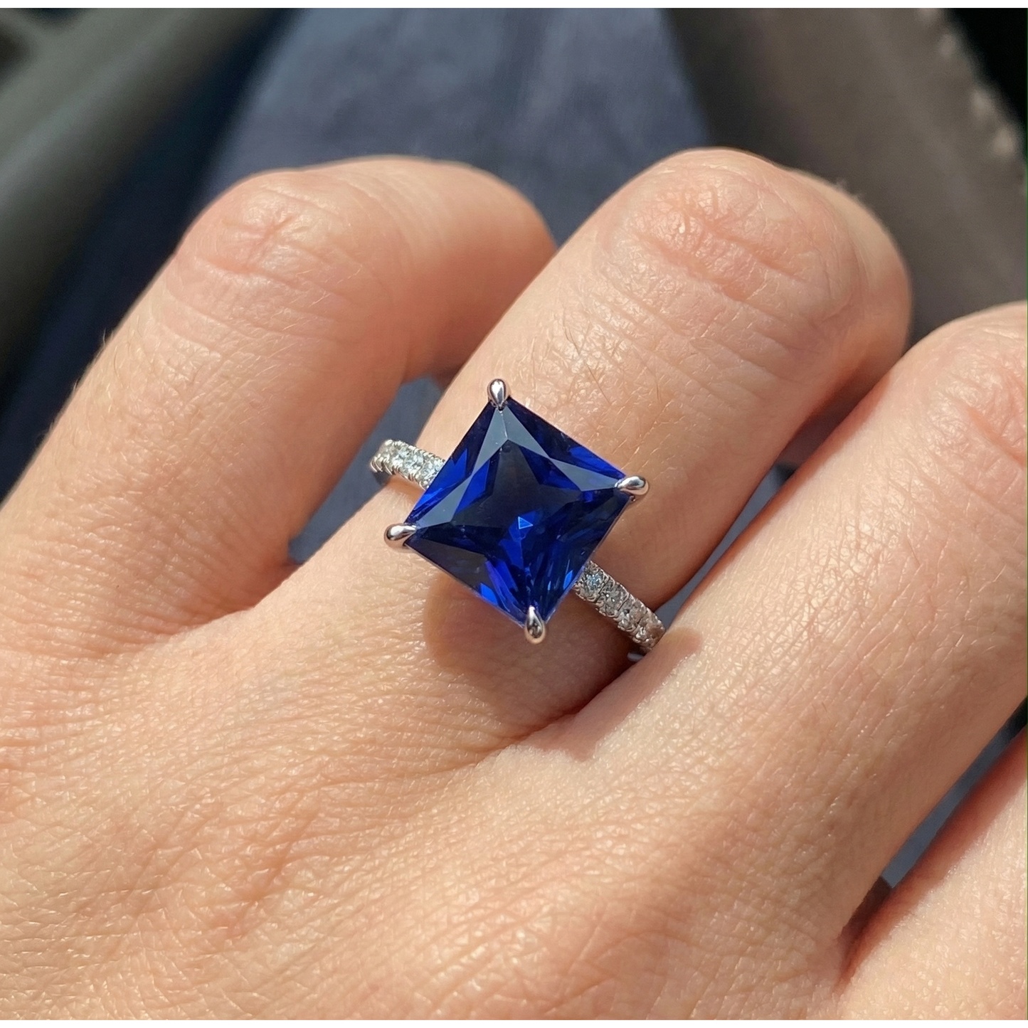 Women Natural Earth Mined Diamond Engagement Ring Princess Cut Ceylon Sapphire 4.75 Carats