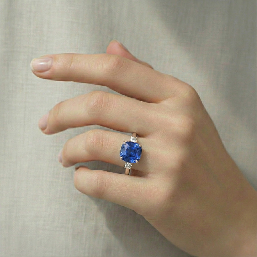 Women 3 Stone Ring Cushion Blue Sapphire & Round Natural Earth Mined Diamonds 2.50 Carats