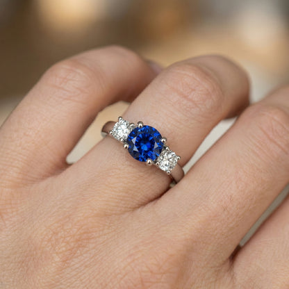 Women 3 Stone Ring Round Ceylon Sapphire & Natural Earth Mined Diamonds 1.50 Carats