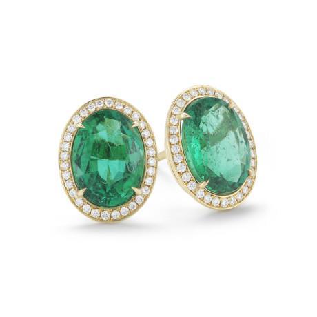 Women Studs Halo Earrings 10.80 Carats Colombian Green Emerald And Natural Earth Mined Diamonds Yg 14K