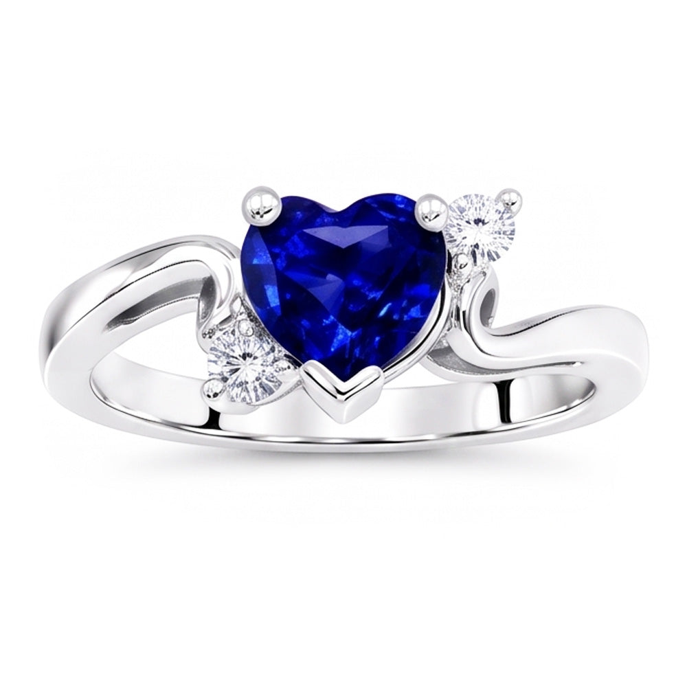 Women's 3 Stone Heart Ceylon Sapphire & Round Natural Earth Mined Diamond Ring 1.75 Carats