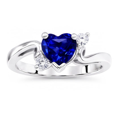 Women's 3 Stone Heart Ceylon Sapphire & Round Natural Earth Mined Diamond Ring 1.75 Carats