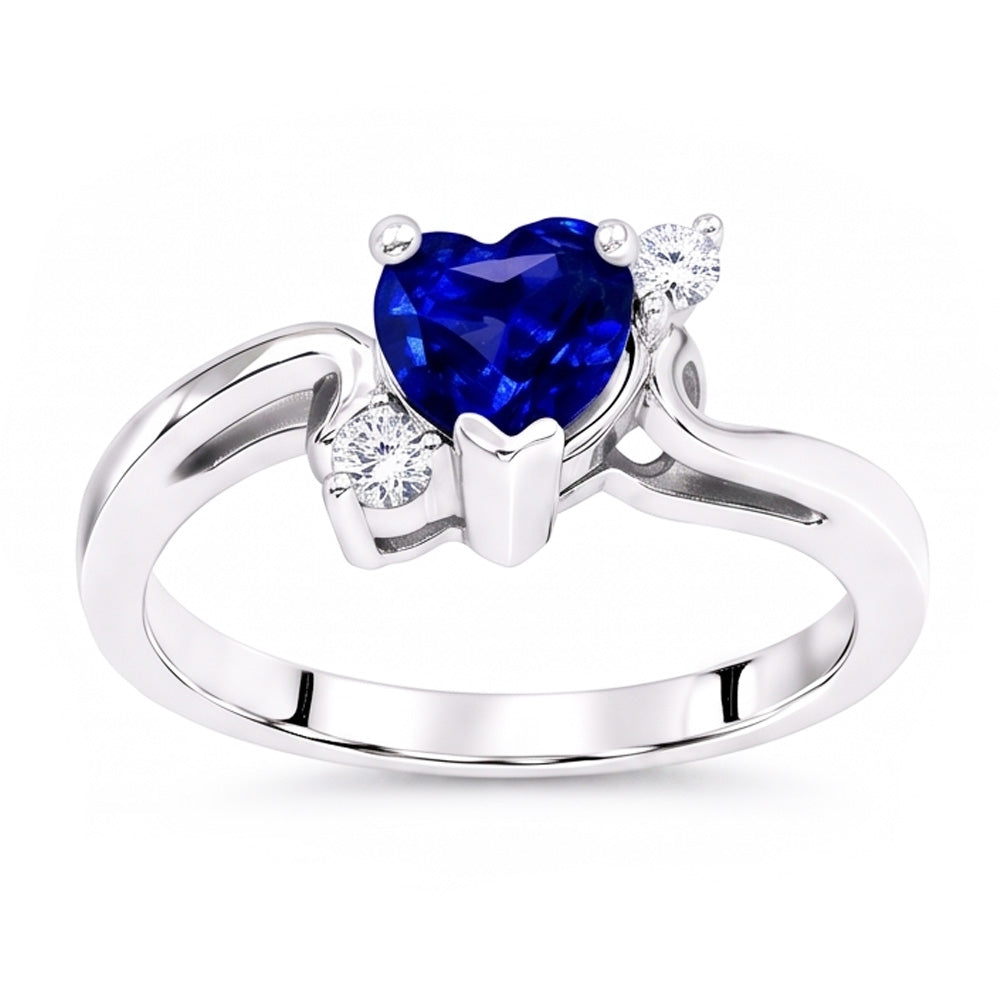 Women's 3 Stone Heart Ceylon Sapphire & Round Natural Earth Mined Diamond Ring 1.75 Carats
