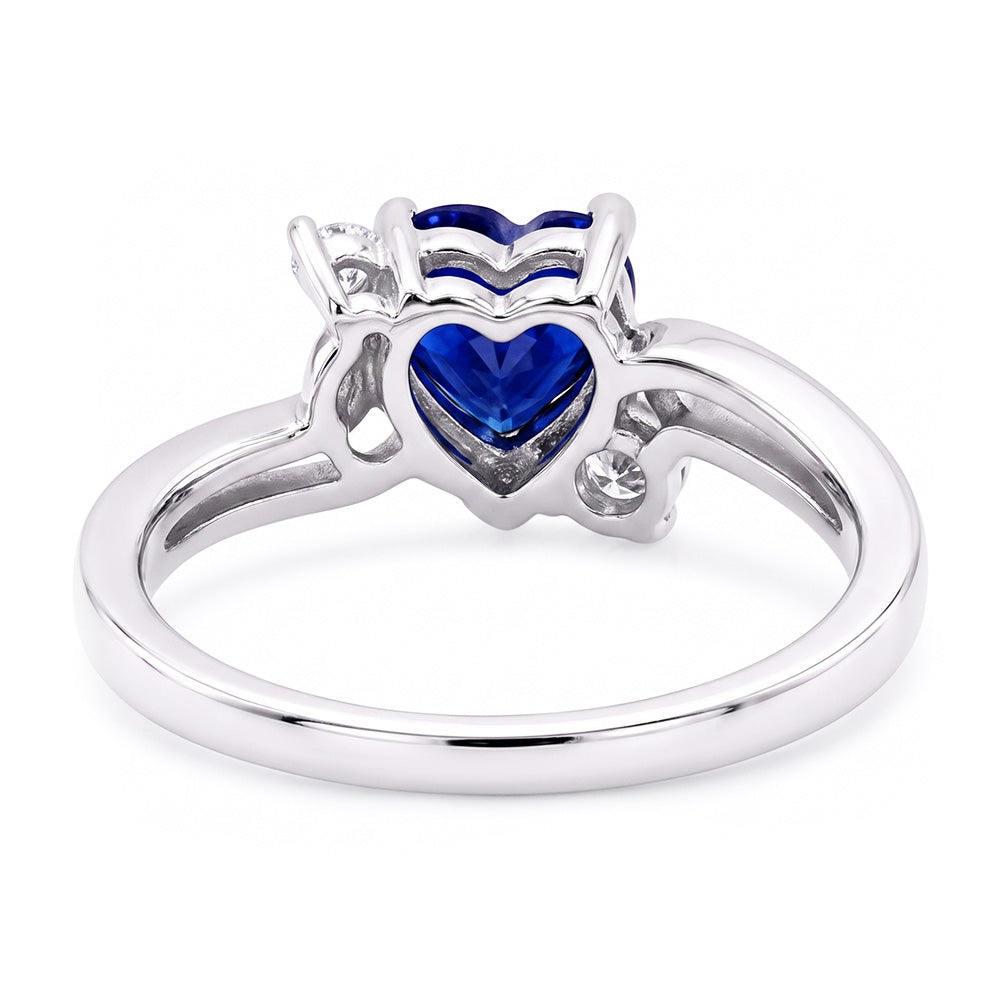 Women's 3 Stone Heart Ceylon Sapphire & Round Natural Earth Mined Diamond Ring 1.75 Carats