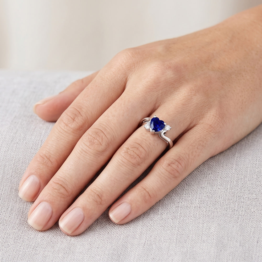 Women's 3 Stone Heart Ceylon Sapphire & Round Natural Earth Mined Diamond Ring 1.75 Carats