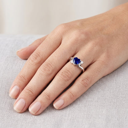 Women's 3 Stone Heart Ceylon Sapphire & Round Natural Earth Mined Diamond Ring 1.75 Carats