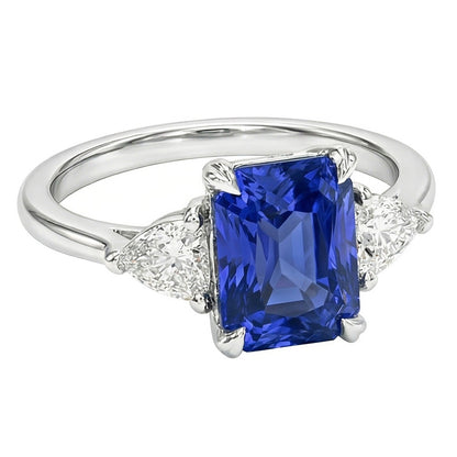 Women’s 3 Stone Radiant Sapphire Ring & Trillion Natural Earth Mined Diamonds 2.25 Carats
