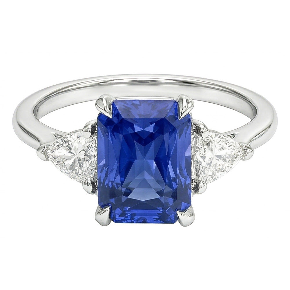 Women’s 3 Stone Radiant Sapphire Ring & Trillion Natural Earth Mined Diamonds 2.25 Carats