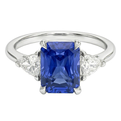 Women’s 3 Stone Radiant Sapphire Ring & Trillion Natural Earth Mined Diamonds 2.25 Carats