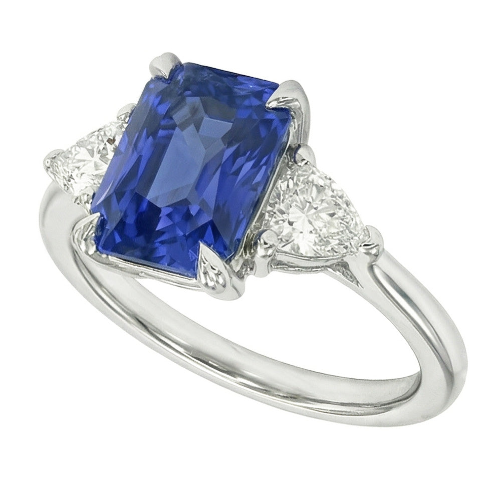 Women’s 3 Stone Radiant Sapphire Ring & Trillion Natural Earth Mined Diamonds 2.25 Carats
