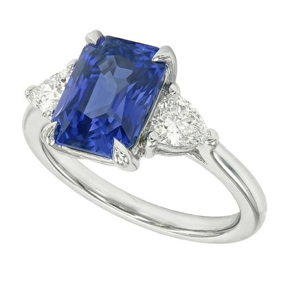 Women’s 3 Stone Radiant Sapphire Ring & Trillion Natural Earth Mined Diamonds 2.25 Carats