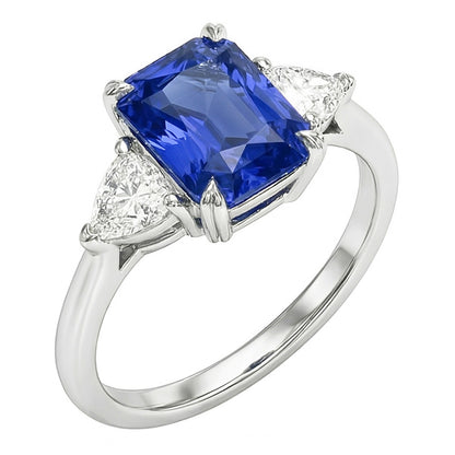 Women’s 3 Stone Radiant Sapphire Ring & Trillion Natural Earth Mined Diamonds 2.25 Carats