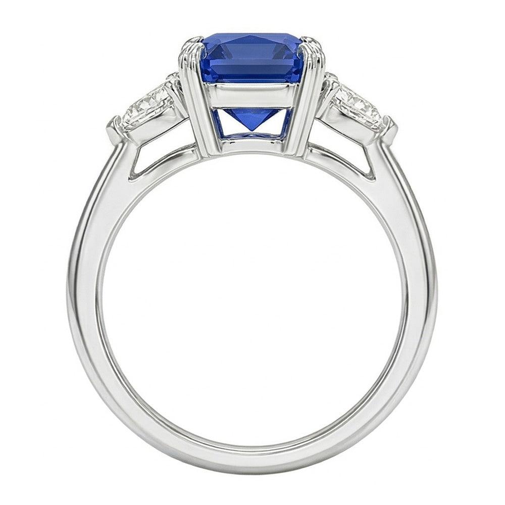 Women’s 3 Stone Radiant Sapphire Ring & Trillion Natural Earth Mined Diamonds 2.25 Carats