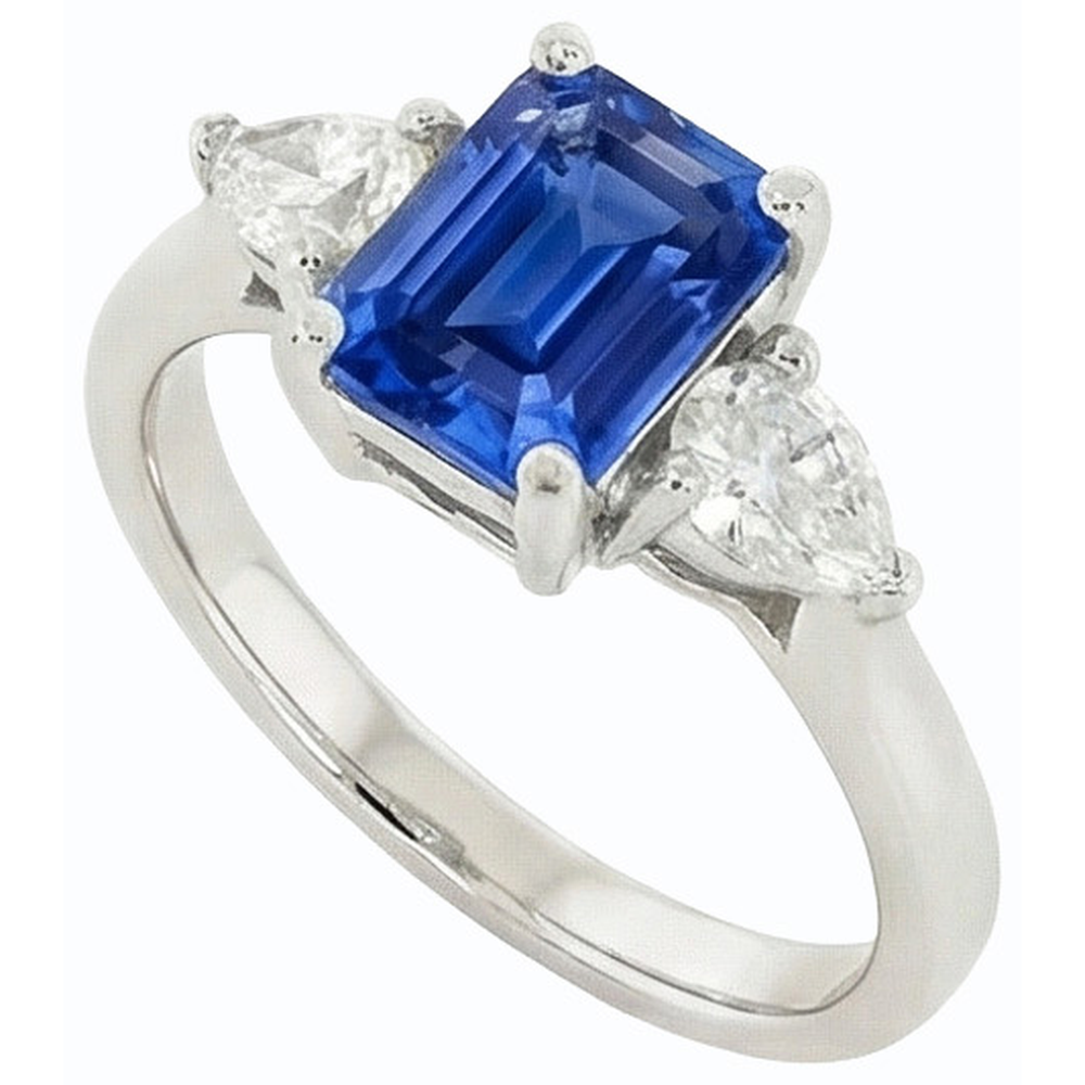 Women’s 3 Stone Ring Emerald Ceylon Sapphire & Pear Natural Earth Mined Diamonds 2 Carats