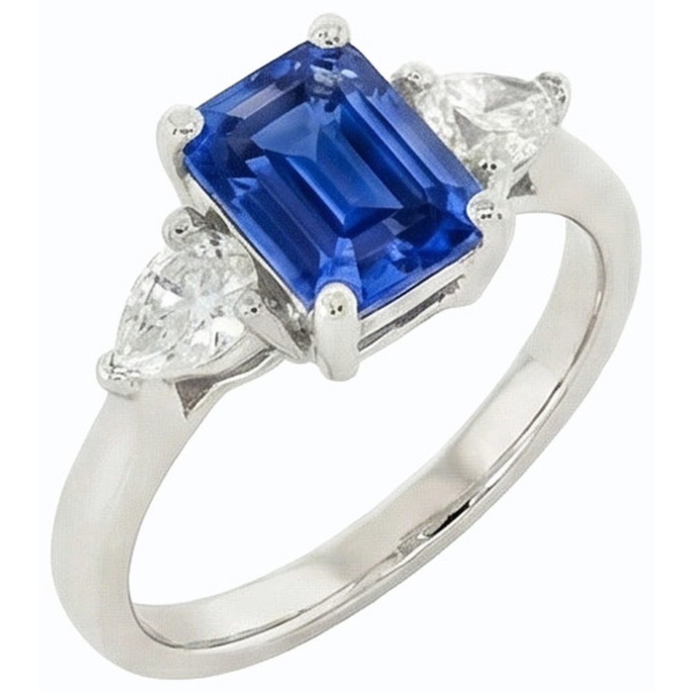 Women’s 3 Stone Ring Emerald Ceylon Sapphire & Pear Natural Earth Mined Diamonds 2 Carats