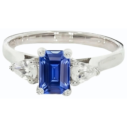 Women’s 3 Stone Ring Emerald Ceylon Sapphire & Pear Natural Earth Mined Diamonds 2 Carats