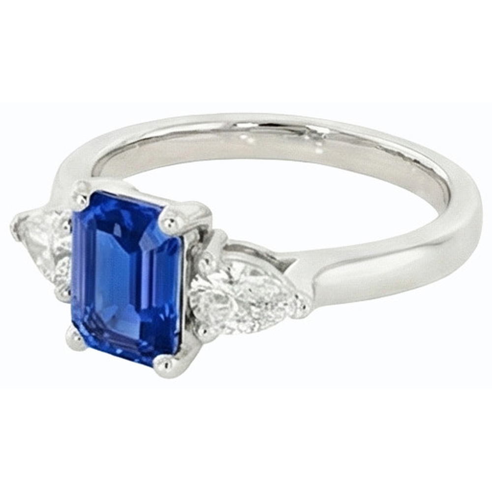 Women’s 3 Stone Ring Emerald Ceylon Sapphire & Pear Natural Earth Mined Diamonds 2 Carats