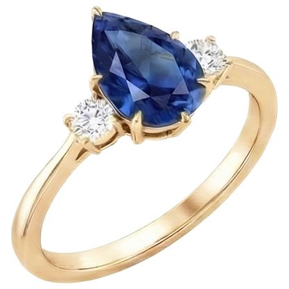Women's 3 Stone Ring Round Natural Earth Mined Diamond & Pear Ceylon Sapphire 6.20 Carats