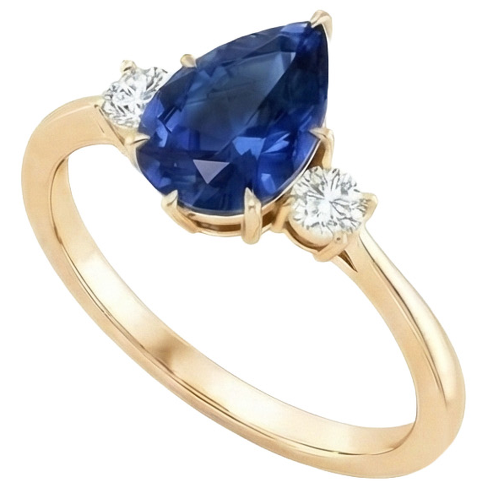Women's 3 Stone Ring Round Natural Earth Mined Diamond & Pear Ceylon Sapphire 6.20 Carats