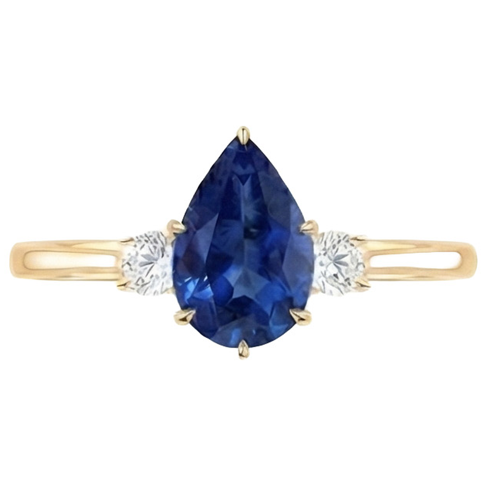 Women's 3 Stone Ring Round Natural Earth Mined Diamond & Pear Ceylon Sapphire 6.20 Carats