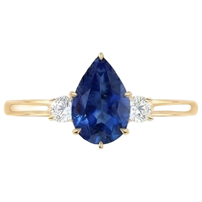 Women's 3 Stone Ring Round Natural Earth Mined Diamond & Pear Ceylon Sapphire 6.20 Carats