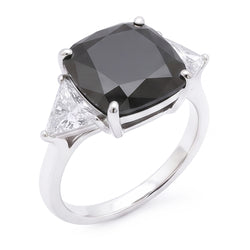 Women's Black Engagement Ring 3.6 Carat Real Cushion Diamond Trilliant Three Stone 14K White Gold