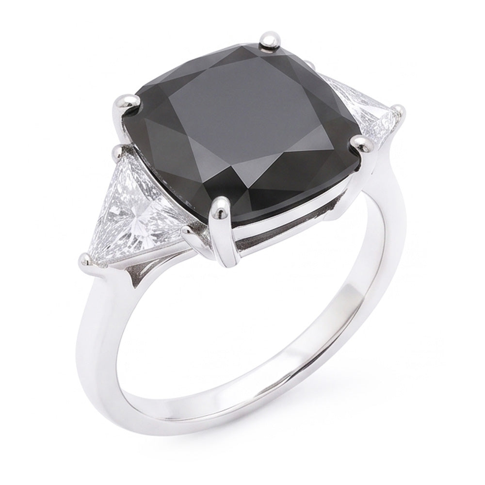 Women's Black Engagement Ring 3.6 Carat Real Cushion Diamond Trilliant Three Stone 14K White Gold
