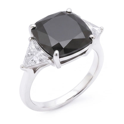 Women's Black Engagement Ring 3.6 Carat Real Cushion Diamond Trilliant Three Stone 14K White Gold