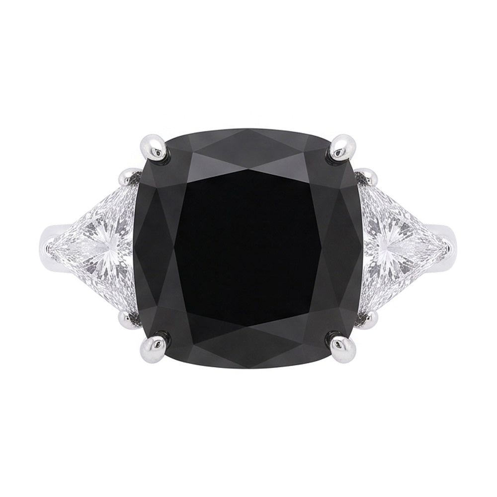 Women's Black Engagement Ring 3.6 Carat Real Cushion Diamond Trilliant Three Stone 14K White Gold