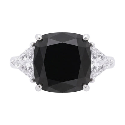 Women's Black Engagement Ring 3.6 Carat Real Cushion Diamond Trilliant Three Stone 14K White Gold