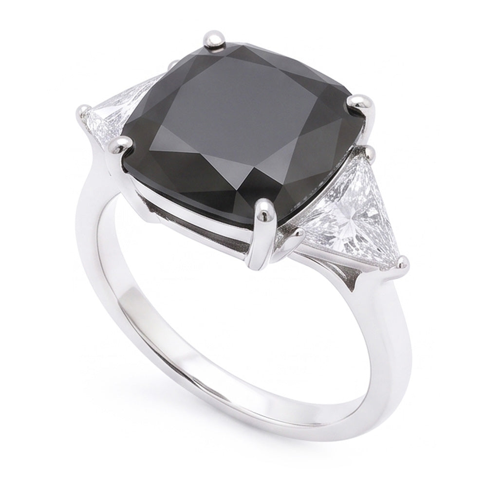 Women's Black Engagement Ring 3.6 Carat Real Cushion Diamond Trilliant Three Stone 14K White Gold