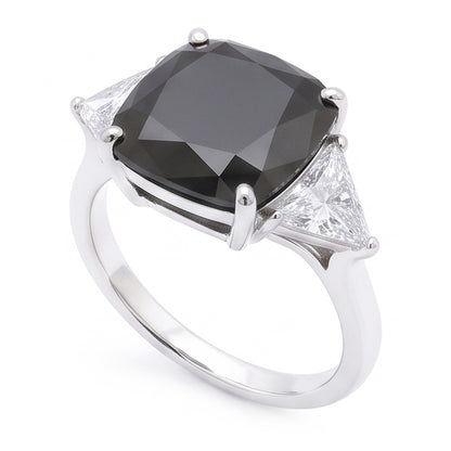 Women's Black Engagement Ring 3.6 Carat Real Cushion Diamond Trilliant Three Stone 14K White Gold