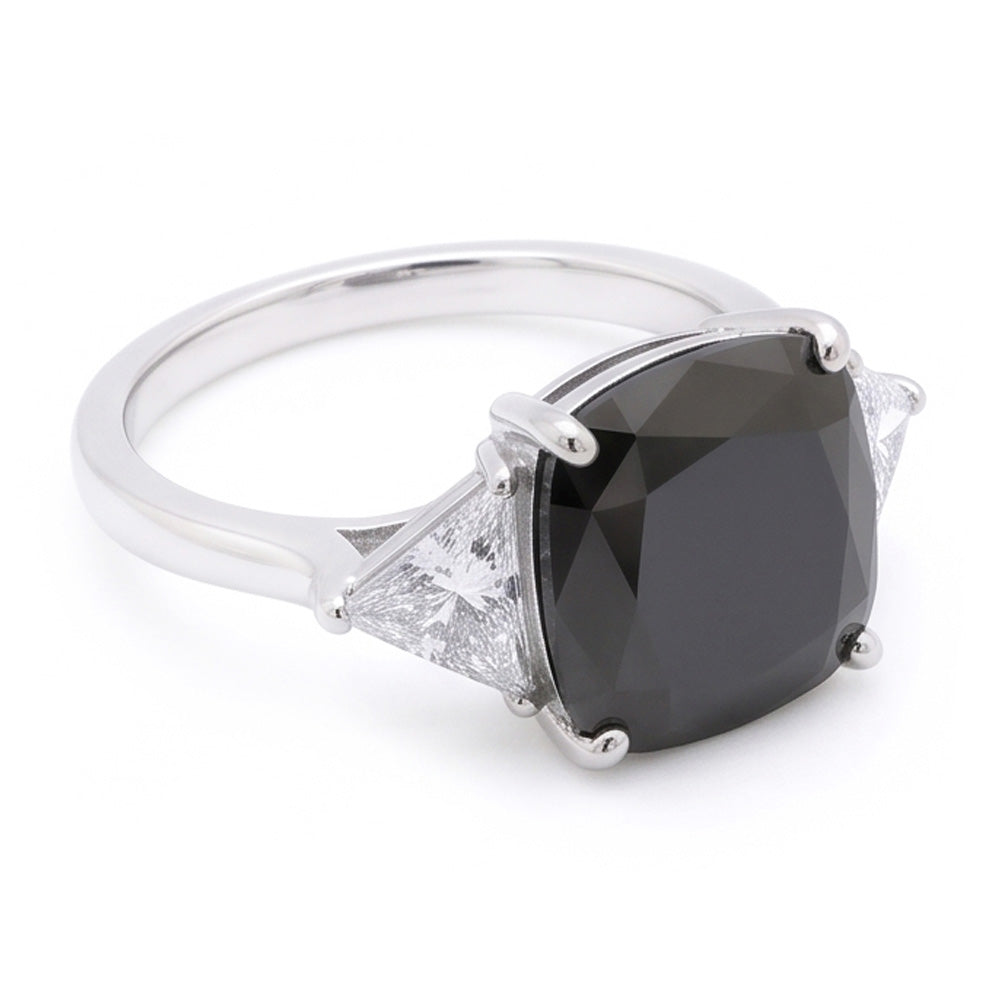 Women's Black Engagement Ring 3.6 Carat Real Cushion Diamond Trilliant Three Stone 14K White Gold