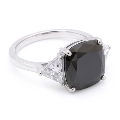 Women's Black Engagement Ring 3.6 Carat Real Cushion Diamond Trilliant Three Stone 14K White Gold