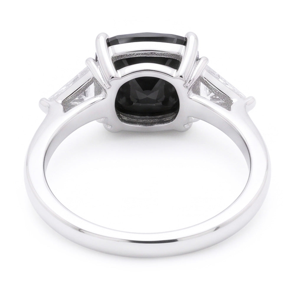 Women's Black Engagement Ring 3.6 Carat Real Cushion Diamond Trilliant Three Stone 14K White Gold
