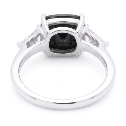 Women's Black Engagement Ring 3.6 Carat Real Cushion Diamond Trilliant Three Stone 14K White Gold