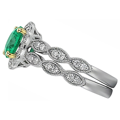 Natural Real ( Not Lab Grown ) Women’s Green Emerald GIA Bridal Ring Set Antique Style Jewelry