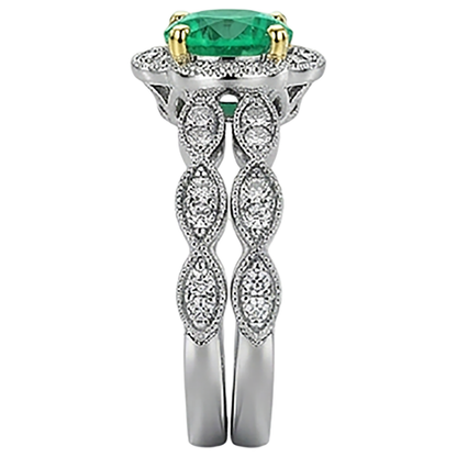 Natural Real ( Not Lab Grown ) Women’s Green Emerald GIA Bridal Ring Set Antique Style Jewelry