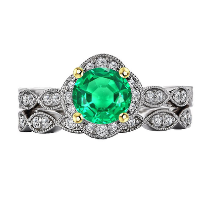 Women’s Green Emerald Bridal Ring Set Antique Style Jewelry